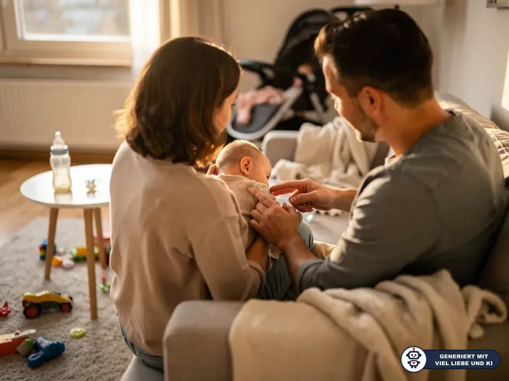Mutter und Vater sitzen auf dem Sofa und kümmern sich gemeinsam um ihr Baby im Wohnzimmer. (mit KI erstellt)
