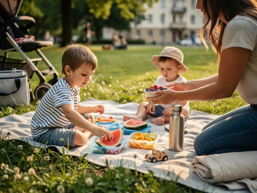 Mutter und zwei Kinder picknicken im Park mit Obst, Trinkflasche, Decke, Spielzeugauto und Kinderwagen.