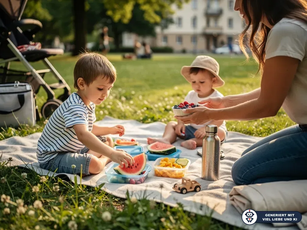 Mutter und zwei Kinder picknicken im Park mit Obst, Trinkflasche, Decke, Spielzeugauto und Kinderwagen. (mit KI erstellt)
