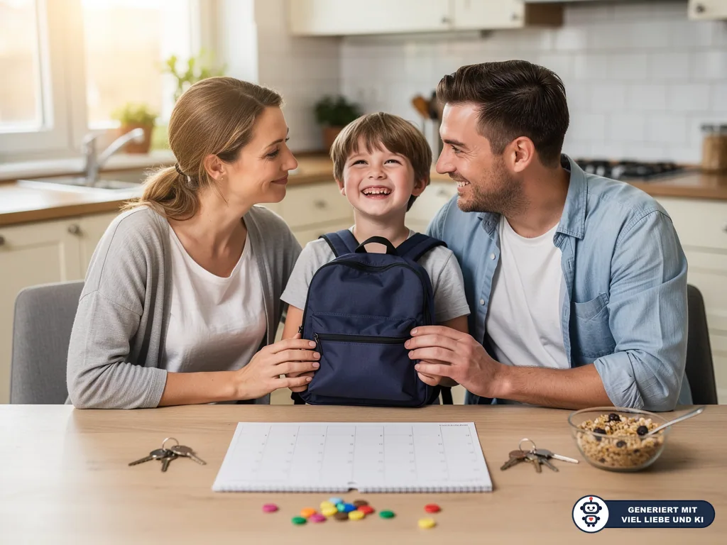 Mutter, Vater und lachendes Kind mit Rucksack sitzen am Küchentisch mit Kalender und zwei Schlüsselbunden. (mit KI erstellt)
