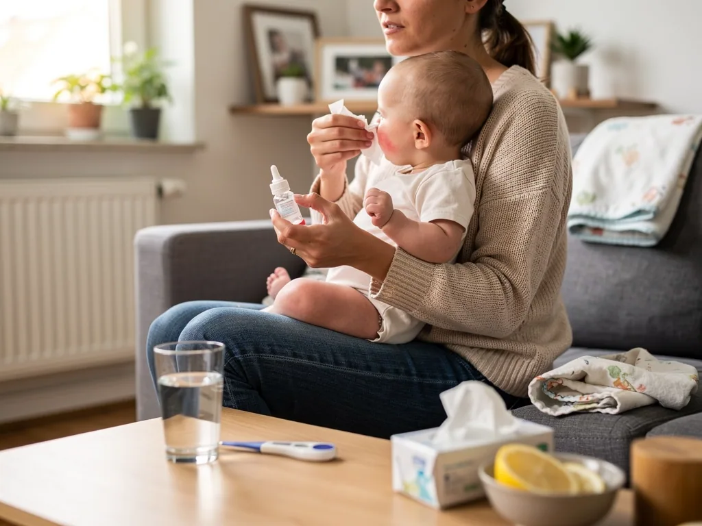 Mutter wischt einem Baby auf dem Sofa die Nase; auf dem Tisch liegen Thermometer, Taschentücher und Nasenspray.