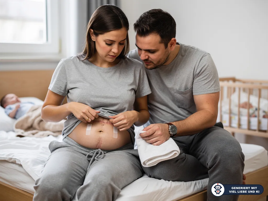 Mutter zeigt ihre Kaiserschnittnarbe, der Vater sitzt mit Handtuch neben ihr; Baby liegt im Schlafzimmer. (mit KI erstellt)