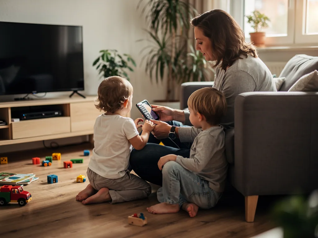Mutter zeigt zwei Kleinkindern eine Fernbedienung vor ausgeschaltetem Fernseher im Wohnzimmer.
