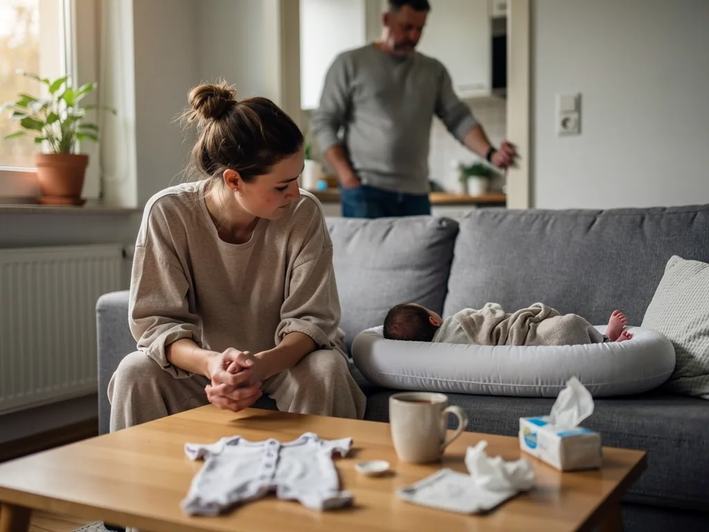 Nachdenkliche Mutter sitzt neben schlafendem Baby auf dem Sofa, Vater steht unscharf im Hintergrund.