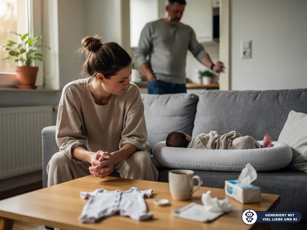 Nachdenkliche Mutter sitzt neben schlafendem Baby auf dem Sofa, Vater steht unscharf im Hintergrund. (mit KI erstellt)