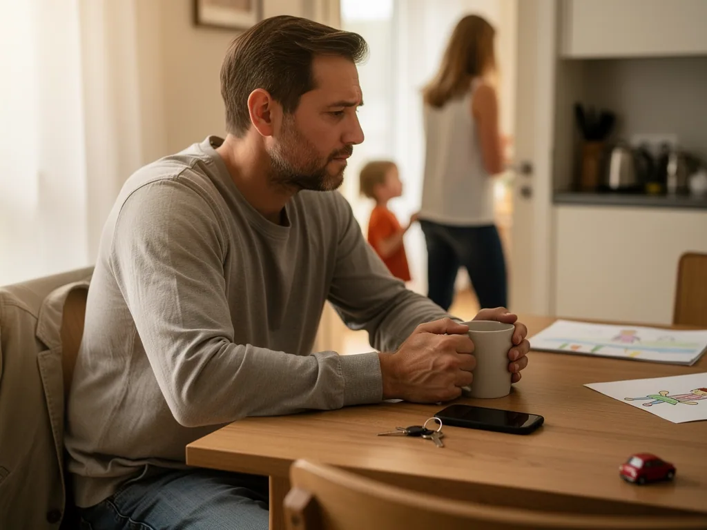 Nachdenklicher Mann sitzt mit Tasse am Esstisch, im Hintergrund stehen Frau und Kind in der Küche.