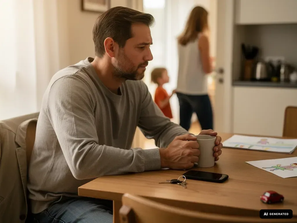 Nachdenklicher Mann sitzt mit Tasse am Esstisch, im Hintergrund stehen Frau und Kind in der Küche. (mit KI erstellt)