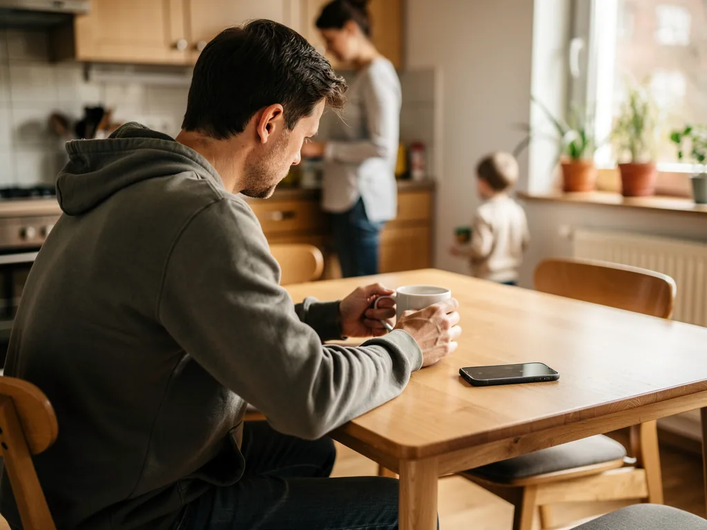 Nachdenklicher Mann sitzt mit Tasse am Küchentisch, während Frau und Kind im Hintergrund beschäftigt sind.