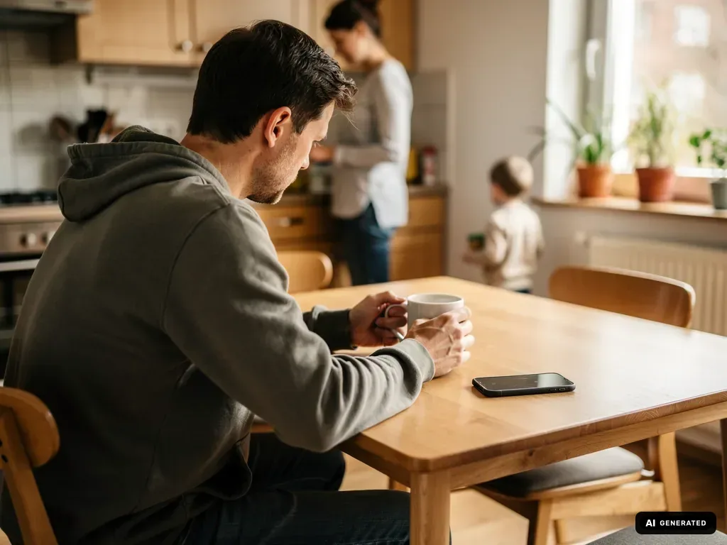 Nachdenklicher Mann sitzt mit Tasse am Küchentisch, während Frau und Kind im Hintergrund beschäftigt sind. (mit KI erstellt)