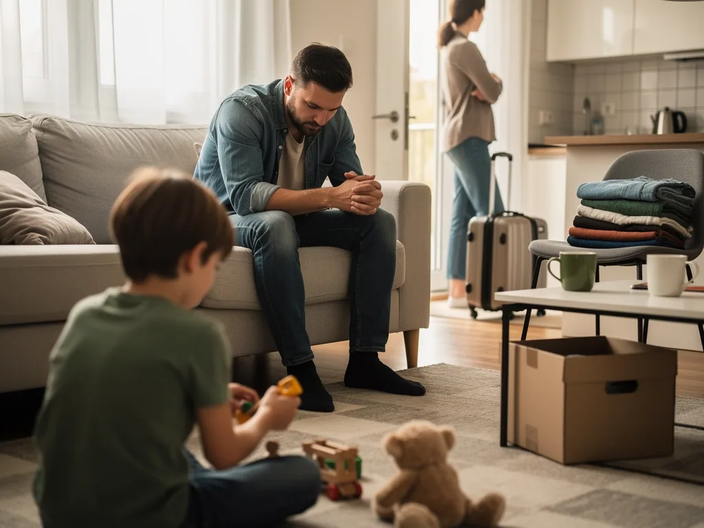 Nachdenklicher Vater sitzt auf dem Sofa, Kind spielt am Boden, Mutter steht mit Koffer im Hintergrund.