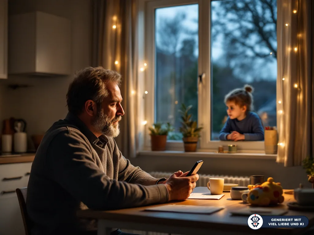 Nachdenklicher Vater sitzt mit Smartphone und Unterlagen am Küchentisch, ein Kind lehnt am Fenster. (mit KI erstellt)