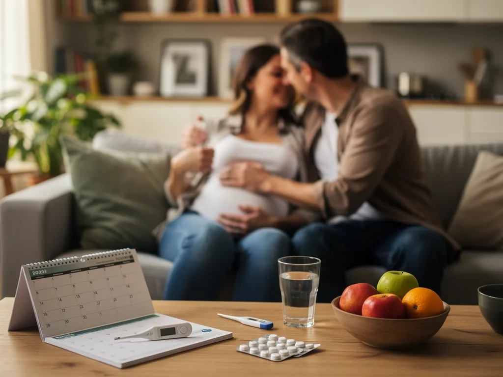 Paar auf dem Sofa mit Kalender, Teststreifen, Wasser, Tabletten und Obst zur Familienplanung im Vordergrund