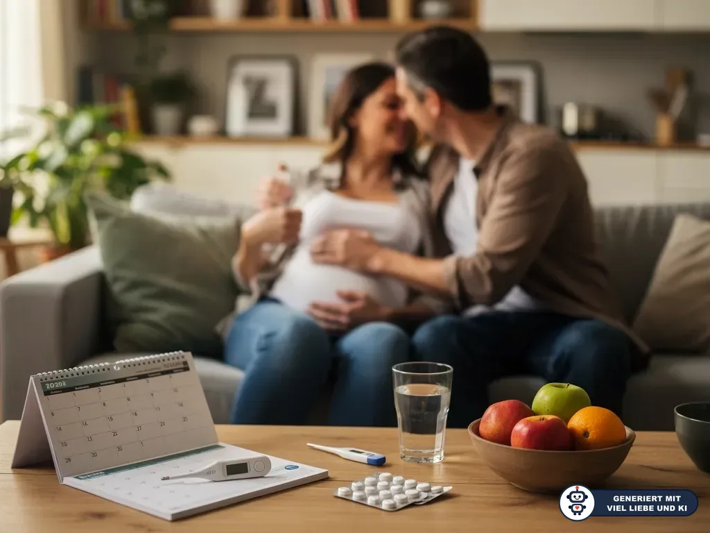 Paar auf dem Sofa mit Kalender, Teststreifen, Wasser, Tabletten und Obst zur Familienplanung im Vordergrund (mit KI erstellt)