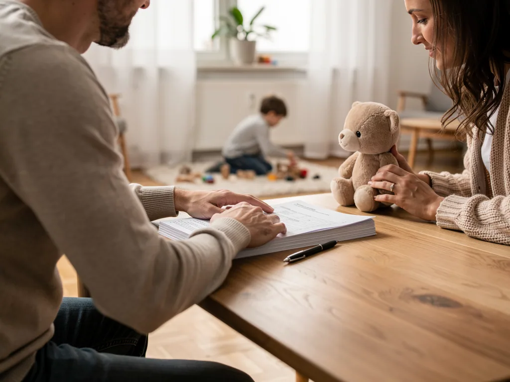Paar füllt Adoptionsunterlagen am Tisch aus, während ein Kind im Hintergrund spielt und ein Teddybär daneben sitzt.