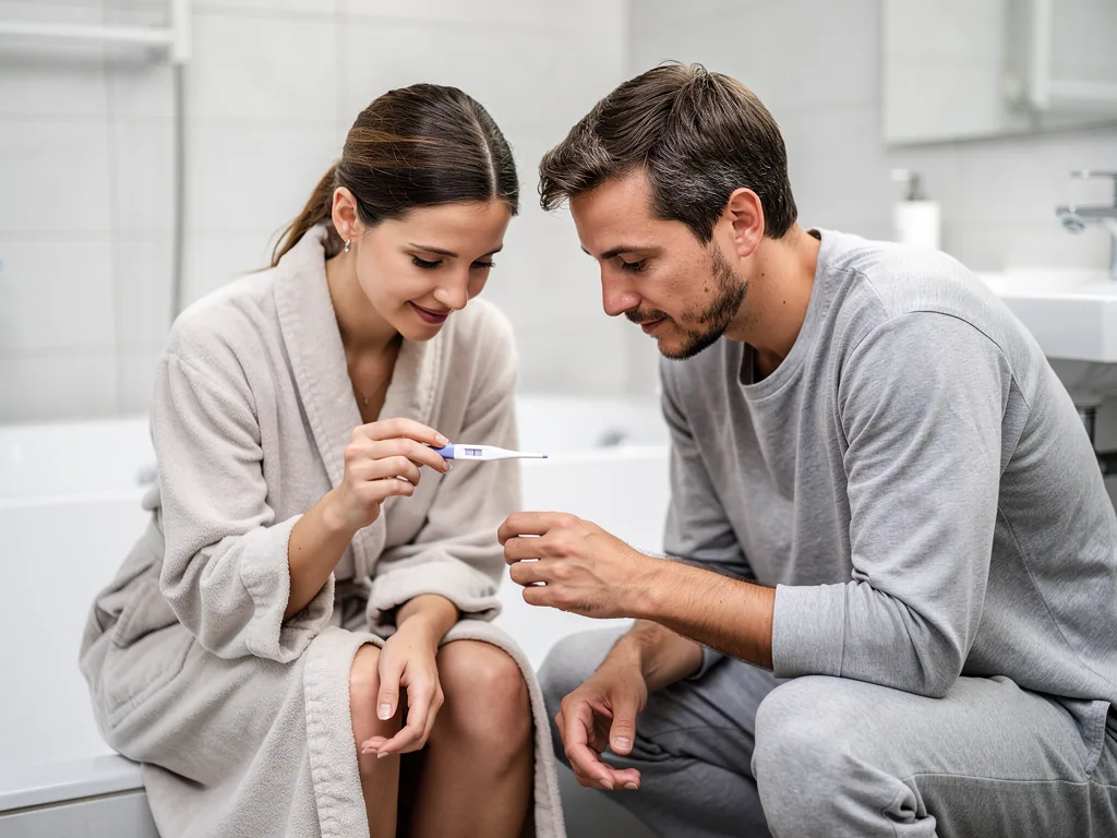 Paar im Bad betrachtet gemeinsam einen Ovulationstest in der Hand der Frau.