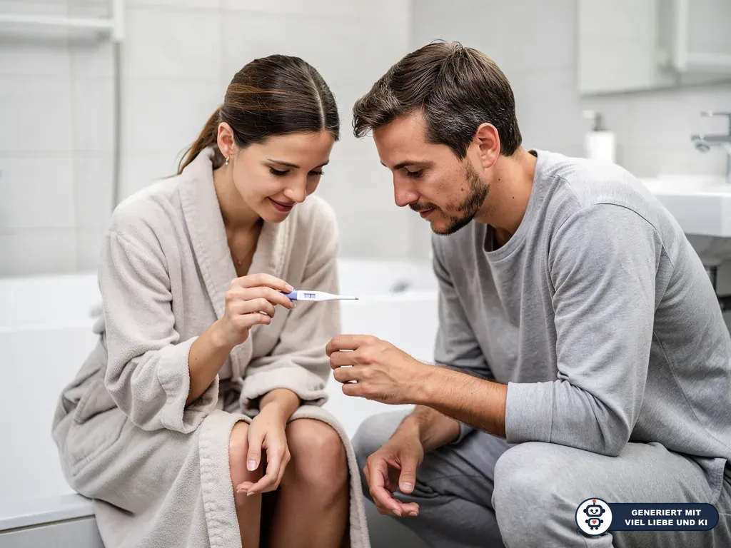 Paar im Bad betrachtet gemeinsam einen Ovulationstest in der Hand der Frau. (mit KI erstellt)