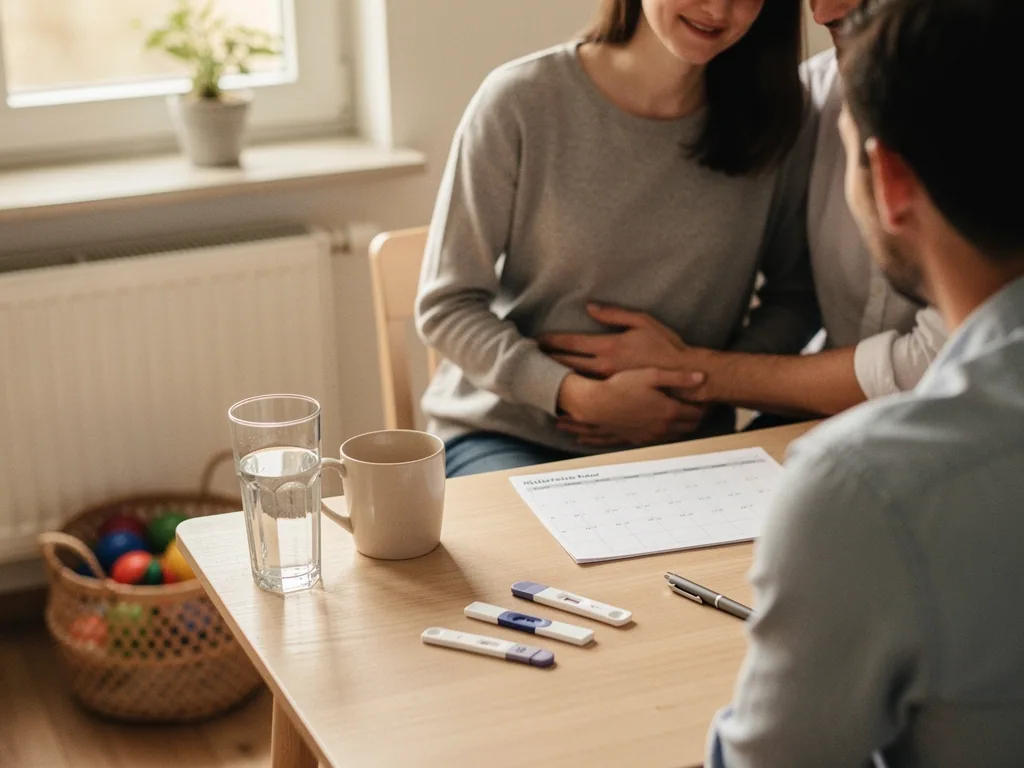 Paar im Beratungsgespräch am Tisch mit Zykluskalender und Schwangerschaftstests; Frau hält den Bauch.