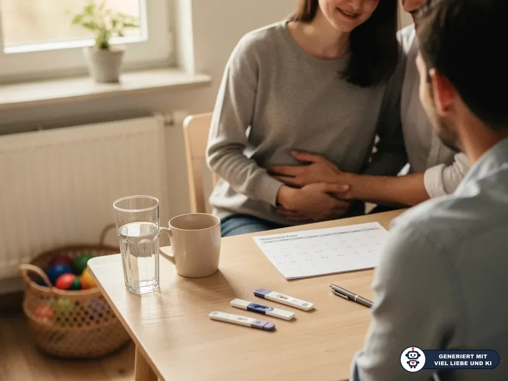 Paar im Beratungsgespräch am Tisch mit Zykluskalender und Schwangerschaftstests; Frau hält den Bauch. (mit KI erstellt)