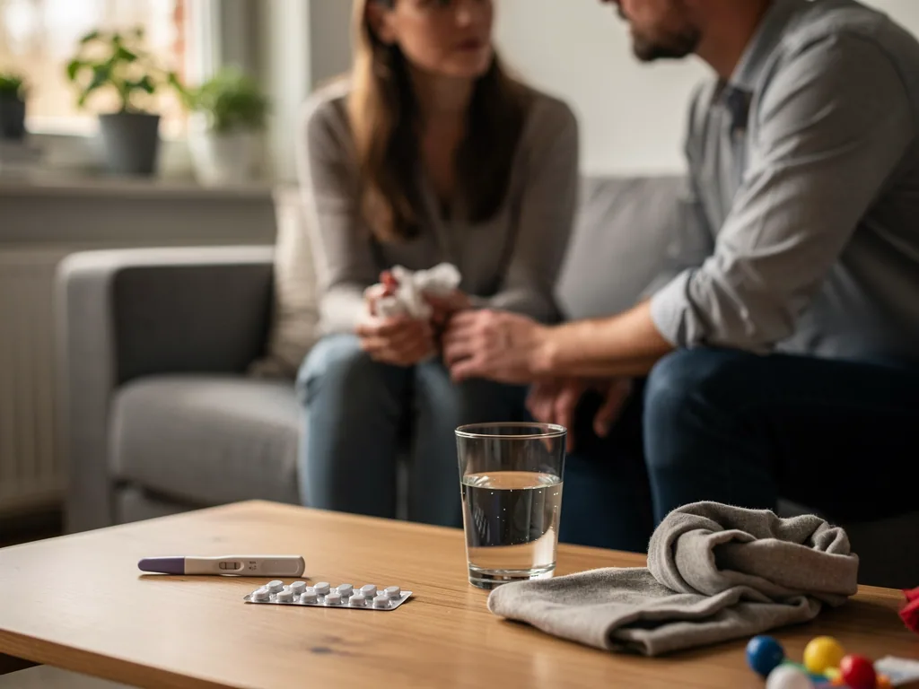 Paar im Gespräch auf dem Sofa, davor Schwangerschaftstest, Tabletten und Wasserglas auf dem Tisch.