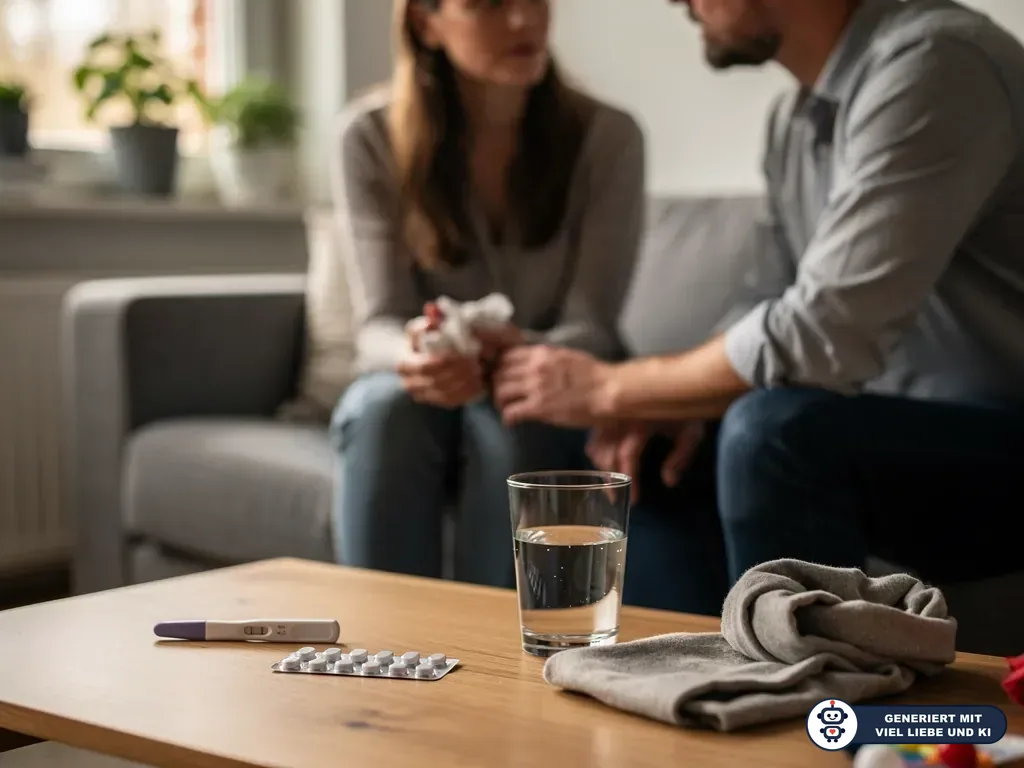 Paar im Gespräch auf dem Sofa, davor Schwangerschaftstest, Tabletten und Wasserglas auf dem Tisch. (mit KI erstellt)