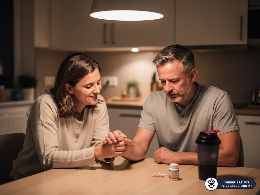 Paar sitzt abends am Küchentisch; Frau hält die Hand eines nachdenklichen Mannes neben Tabletten und Dose. (mit KI erstellt)