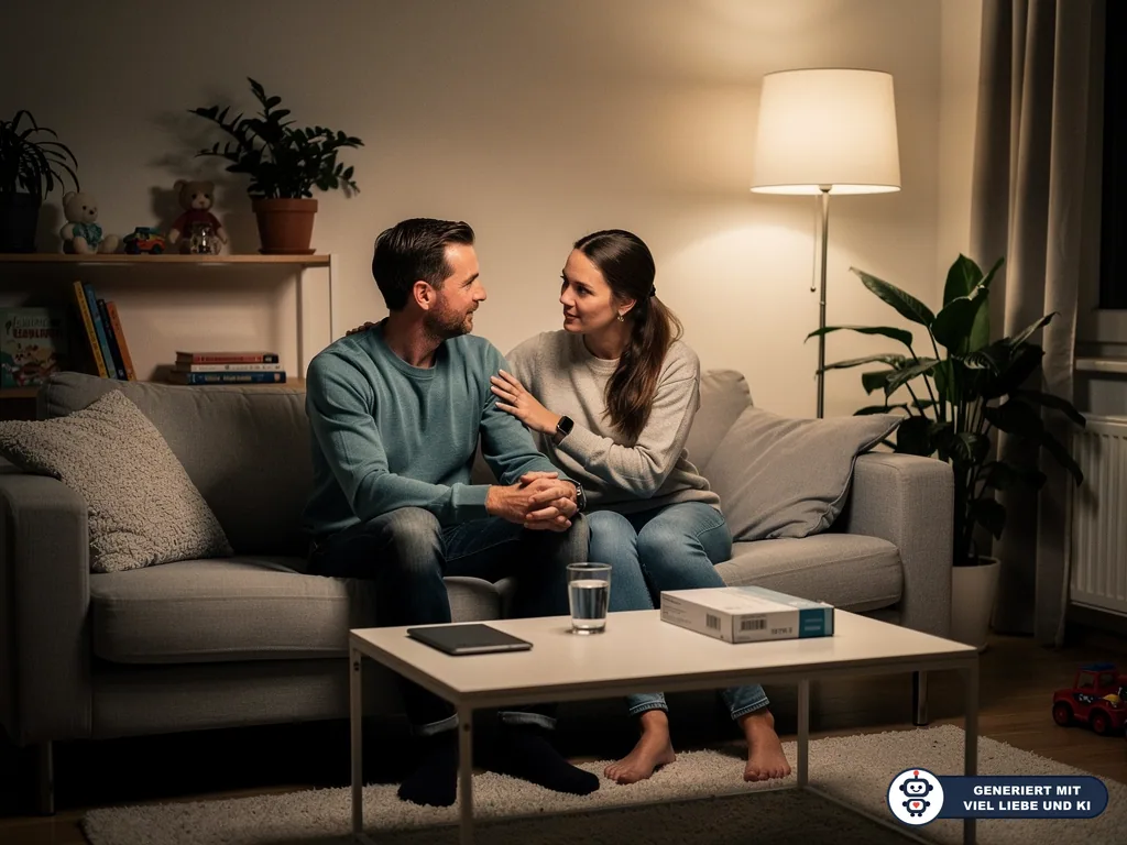 Paar sitzt abends im Wohnzimmer auf dem Sofa und spricht vertraut über Kinderwunsch und Fruchtbarkeit. (mit KI erstellt)