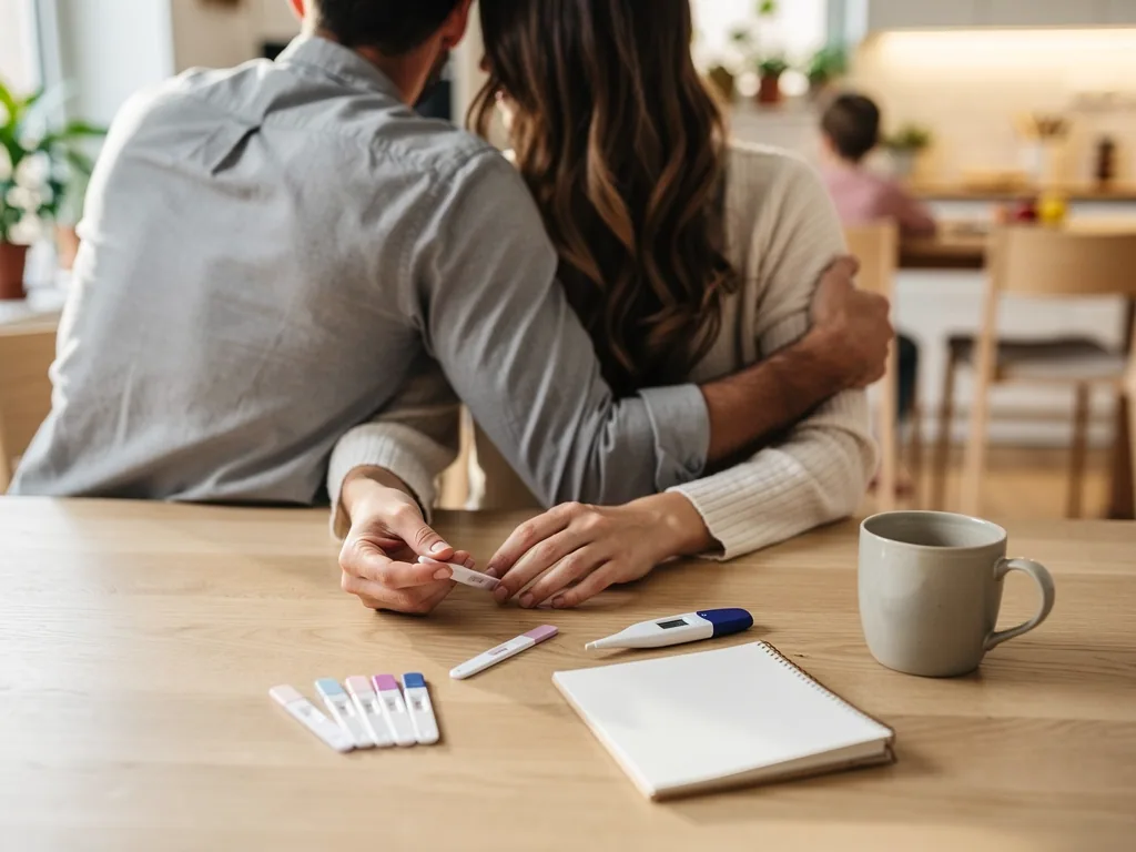 Paar sitzt am Tisch mit Ovulationstests, Thermometer, Notizbuch und Tasse; im Hintergrund spielt ein Kind in der Küche.