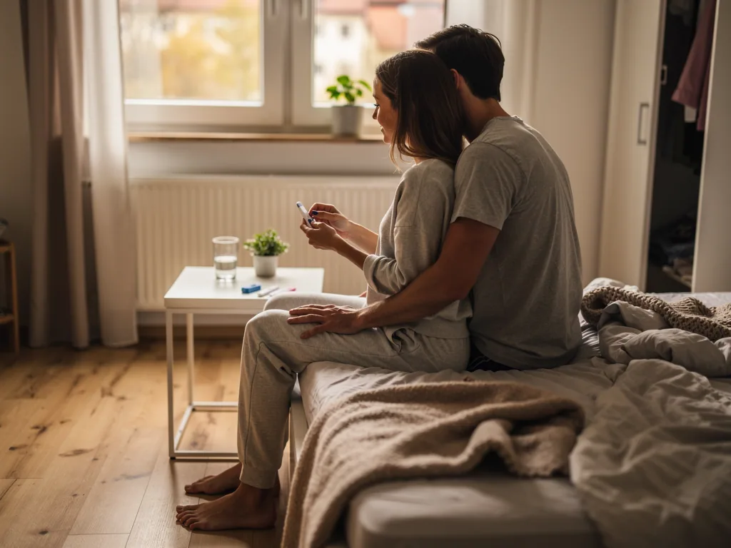 Paar sitzt auf dem Bett; die Frau hält einen Test, der Mann umarmt sie, auf dem Tisch steht ein Glas Wasser.
