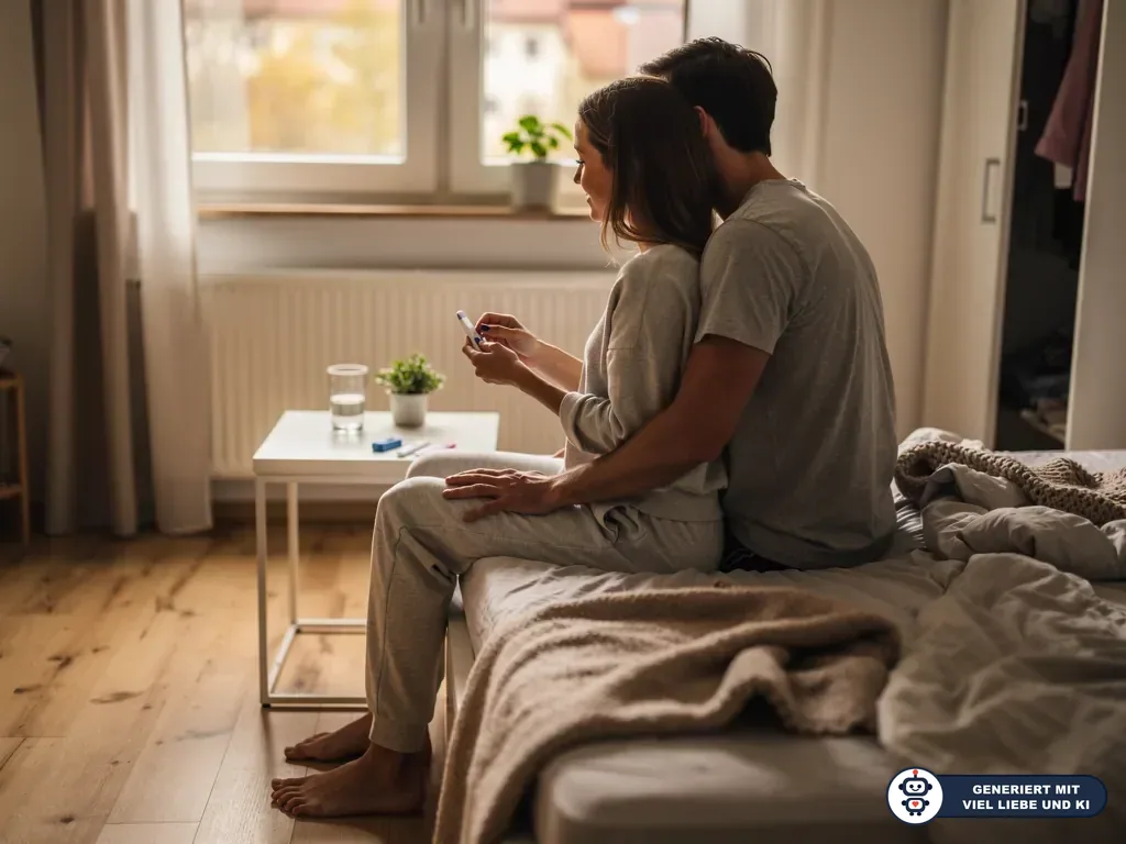 Paar sitzt auf dem Bett; die Frau hält einen Test, der Mann umarmt sie, auf dem Tisch steht ein Glas Wasser. (mit KI erstellt)