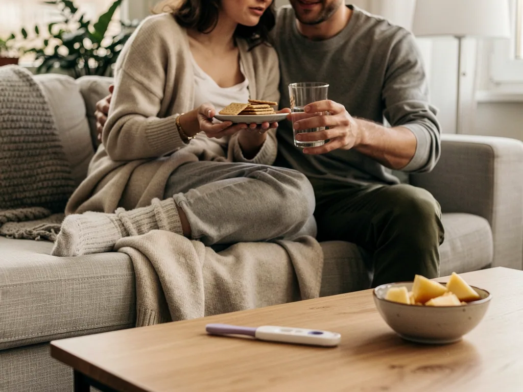 Paar sitzt auf dem Sofa; die Frau hält Cracker, der Mann ein Wasserglas, auf dem Tisch liegt ein Schwangerschaftstest.
