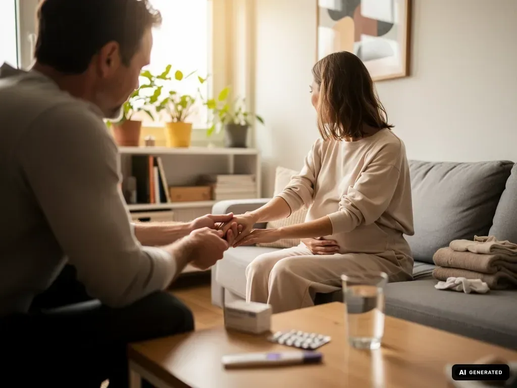 Paar sitzt auf dem Sofa, hält sich an den Händen; auf dem Tisch liegen Schwangerschaftstest, Tabletten und Wasserglas. (mit KI erstellt)