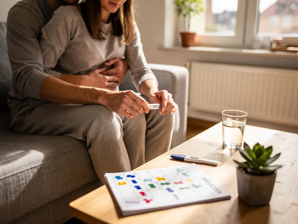 Paar sitzt auf dem Sofa und betrachtet einen Schwangerschaftstest; auf dem Tisch liegen Zykluskalender und Ovulationstest.