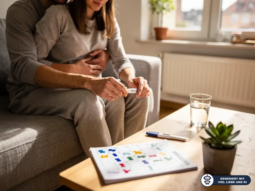 Paar sitzt auf dem Sofa und betrachtet einen Schwangerschaftstest; auf dem Tisch liegen Zykluskalender und Ovulationstest. (mit KI erstellt)