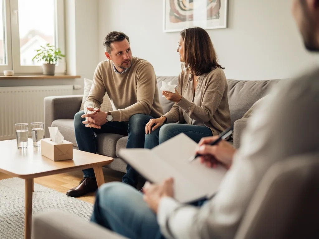 Paar sitzt in einer Therapiesitzung auf dem Sofa, eine Therapeutin notiert im Vordergrund.