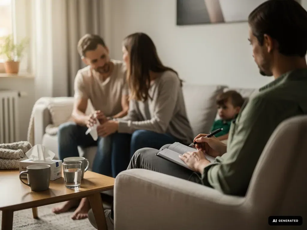 Paar sitzt in einer Therapiesitzung auf dem Sofa, Therapeut macht Notizen, ein Kind sitzt daneben. (mit KI erstellt)