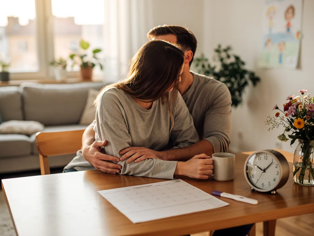Paar sitzt umarmt am Tisch mit Kalender, Schwangerschaftstest, Uhr und Kaffeetasse in hellem Wohnzimmer.