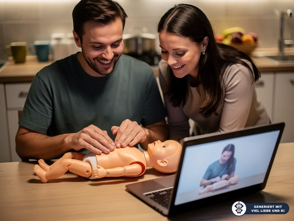 Paar übt Herzdruckmassage an Babypuppe am Küchentisch, daneben läuft ein Online-Erste-Hilfe-Kurs. (mit KI erstellt)