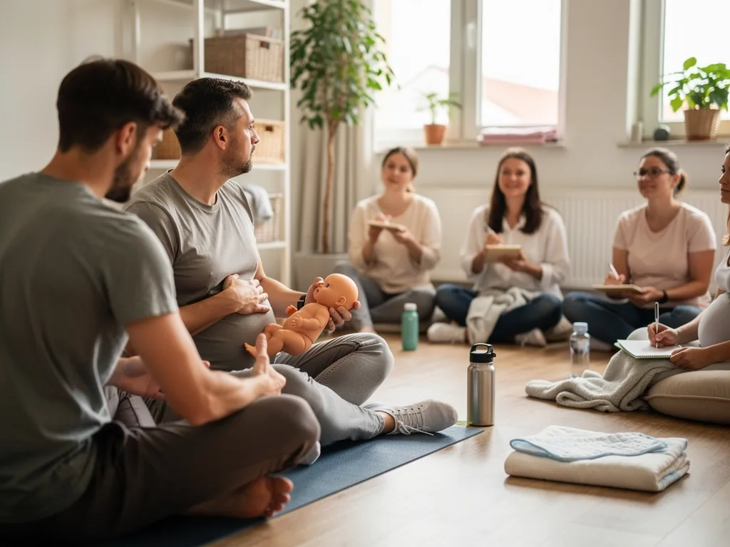 Paare sitzen im Geburtsvorbereitungskurs auf Matten; ein Mann hält eine Babypuppe, Teilnehmende machen Notizen.