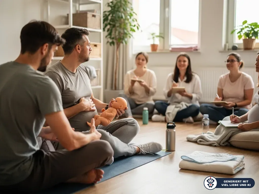 Paare sitzen im Geburtsvorbereitungskurs auf Matten; ein Mann hält eine Babypuppe, Teilnehmende machen Notizen. (mit KI erstellt)