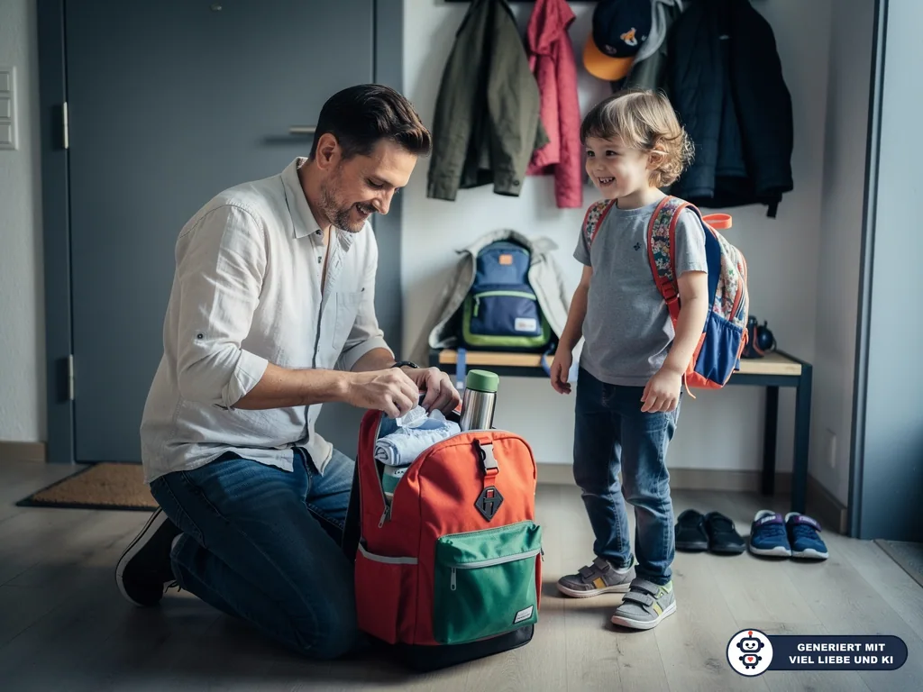 Papa packt im Flur Trinkflasche und Kleidung in den Schulrucksack, Kind mit Ranzen steht daneben. (mit KI erstellt)