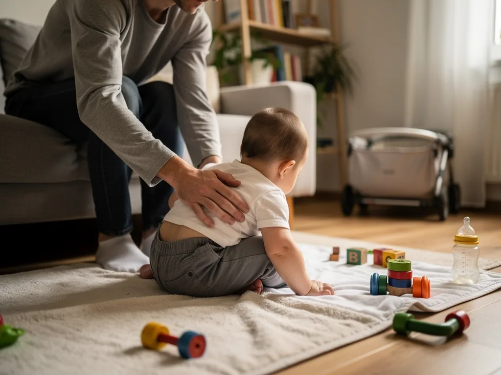 Papa stützt ein Baby im Sitzalter auf einer Spieldecke mit Bauklötzen und Rasseln im Wohnzimmer.