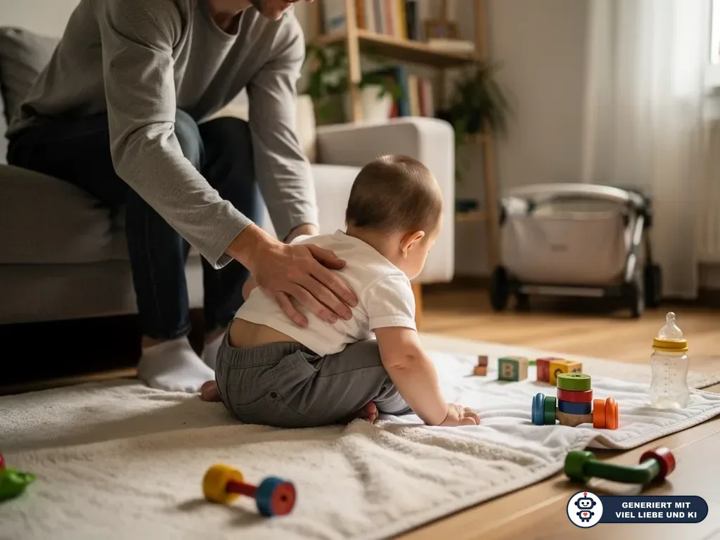Papa stützt ein Baby im Sitzalter auf einer Spieldecke mit Bauklötzen und Rasseln im Wohnzimmer. (mit KI erstellt)