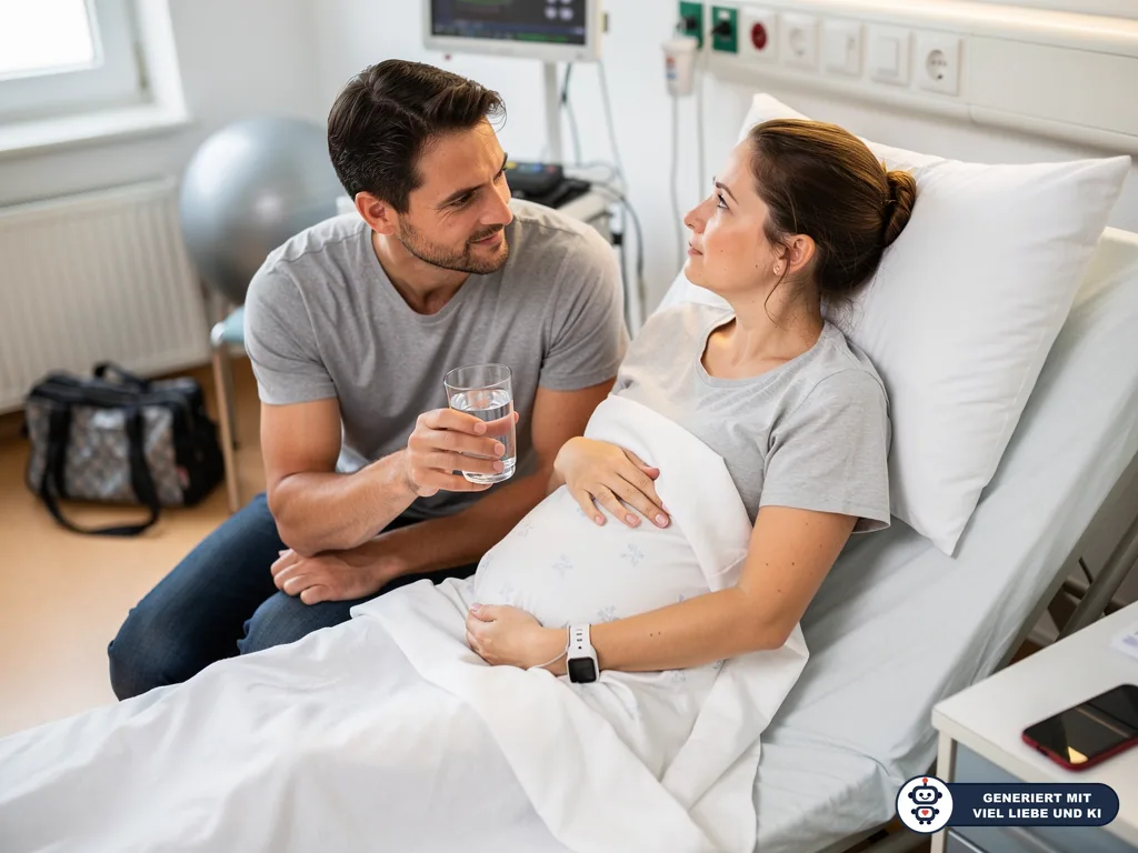 Partner reicht schwangerer Frau im Klinikbett ein Glas Wasser und spricht ihr ruhig zu. (mit KI erstellt)