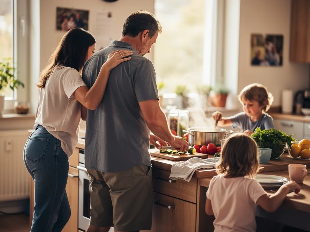 Patchworkfamilie bereitet in der Küche gemeinsam Essen zu, eine Frau legt einem Mann die Hand auf die Schulter.