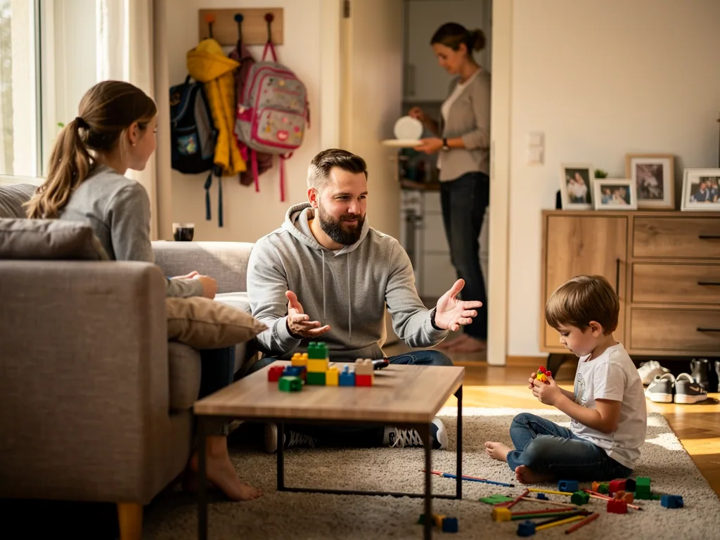 Patchworkfamilie im Wohnzimmer: Vater spricht, Kind spielt mit Bausteinen, Mutter steht im Hintergrund.