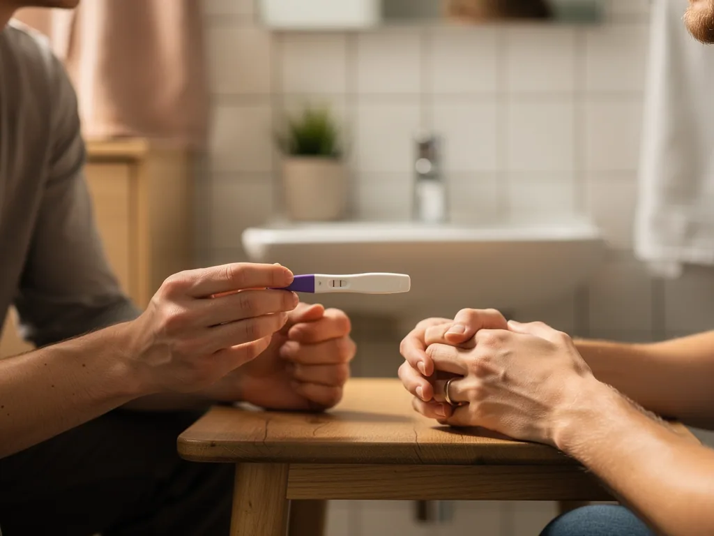 Person hält einen Schwangerschaftstest am Tisch, gegenüber liegen gefaltete Hände in einem Badezimmer.
