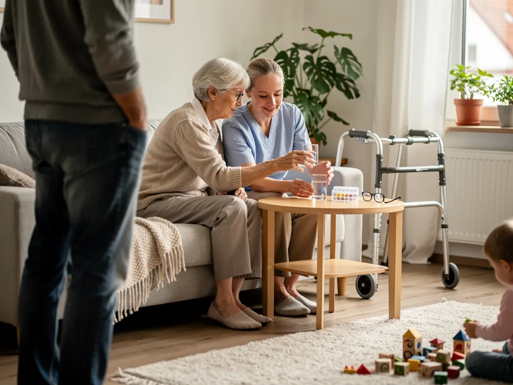 Pflegekraft reicht Seniorin ein Wasserglas; Angehöriger und Kind sind im Wohnzimmer dabei, Rollator steht daneben.