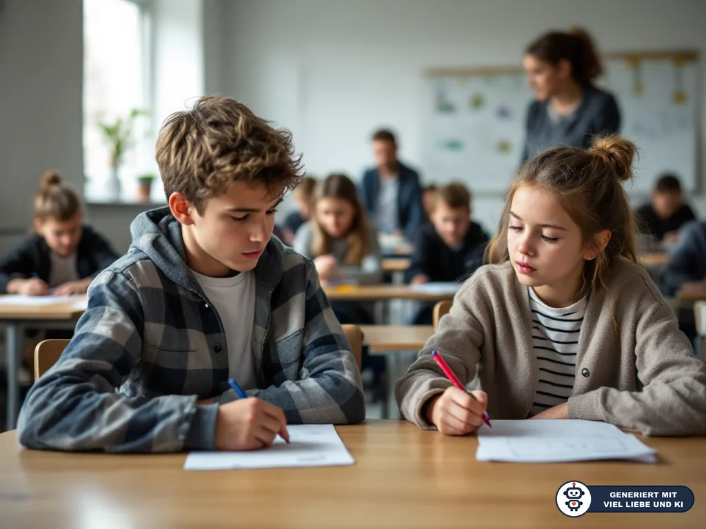 Schülerinnen und Schüler schreiben einen Test im Klassenzimmer, im Hintergrund steht eine Lehrerin. (mit KI erstellt)