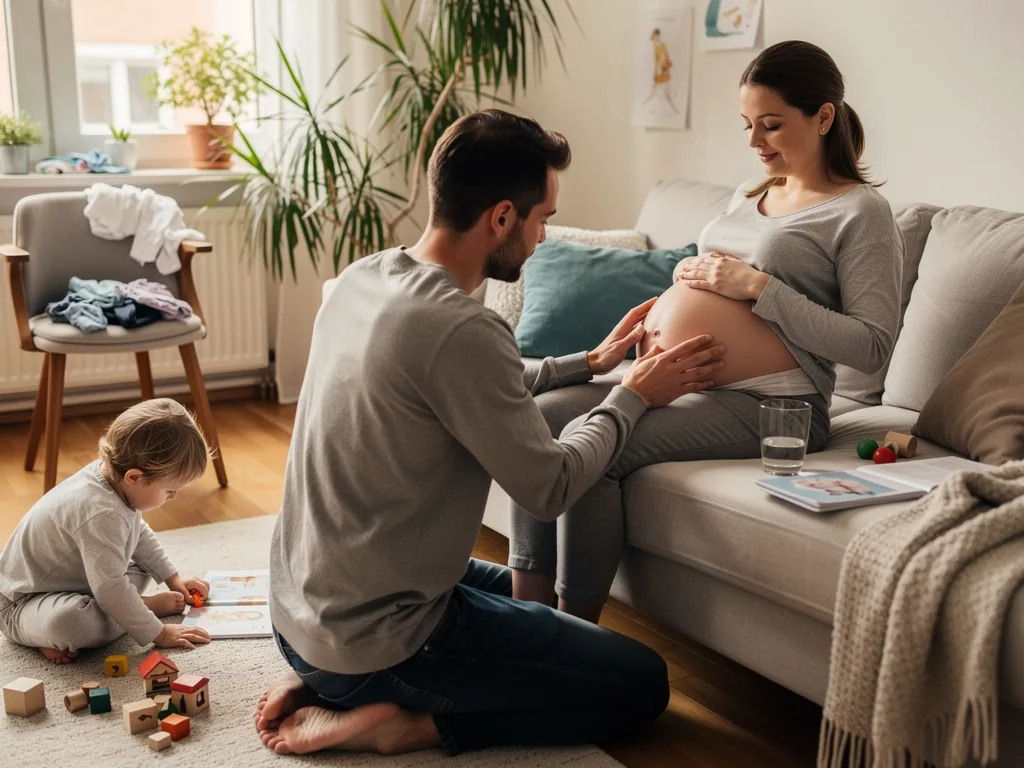 Schwangere auf dem Sofa, Partner berührt ihren Bauch, Kleinkind spielt im Wohnzimmer mit Bauklötzen.