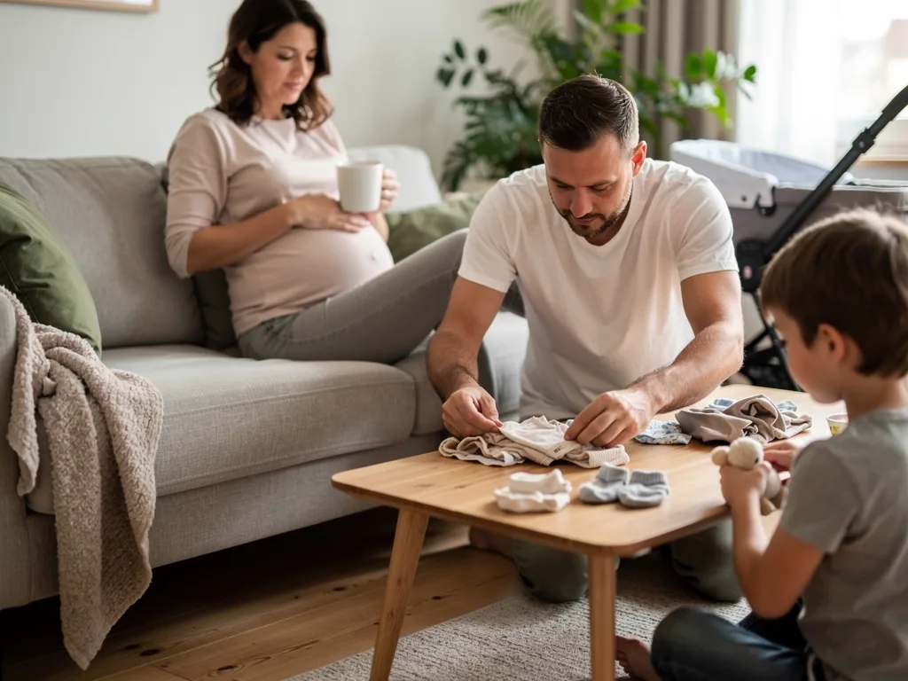 Schwangere auf dem Sofa, Vater und Kind sortieren Babykleidung im Wohnzimmer neben einem Kinderwagen.